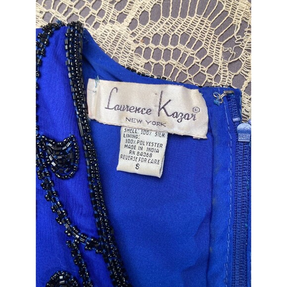 Vintage 80s Silk Blouse 1980s Royal Blue & Black Beaded Art Deco Goth Size Small - Picture 3 of 5